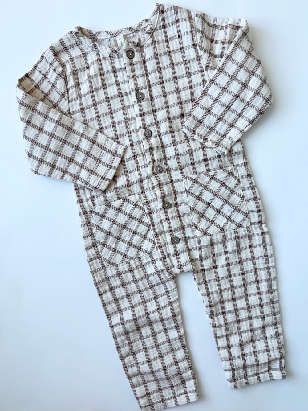 Quincy Mae Cream and Brown Plaid One-Piece Romper